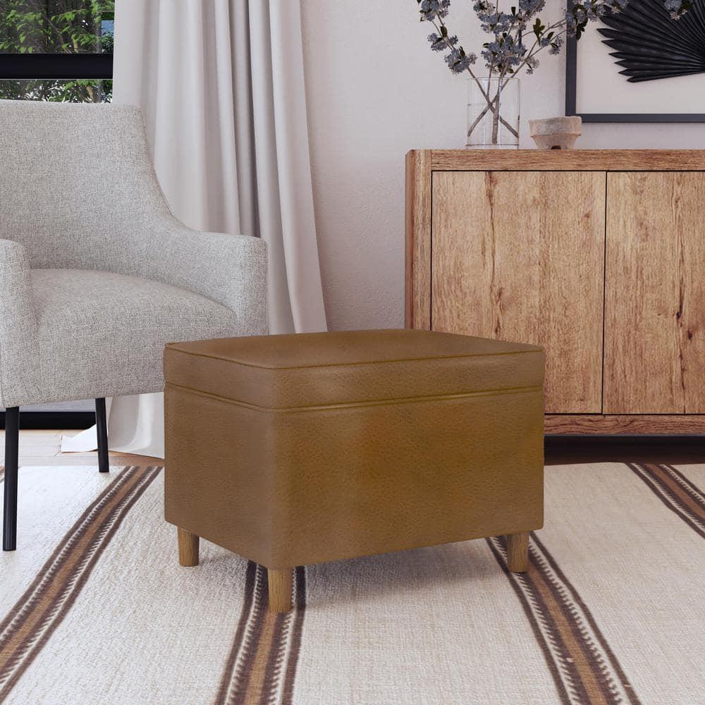 24" Dinah Storage Ottoman Brown Faux Leather - HomePop: Honey Oak Legs, Soft-Close Hinge, Footstool