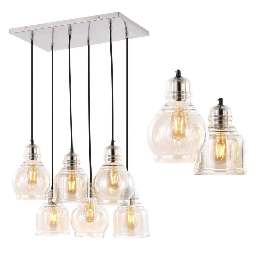 Sydney 18.88" 6-Light Bohemian Farmhouse Iron/Glass Cluster LED Pendant, Nickel/Champagne