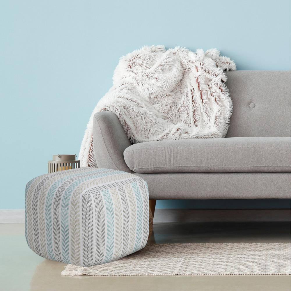 LR Home Small Chevron Indoor Square Pouf, Beige/Turquoise, 18" x 18" x 14"
