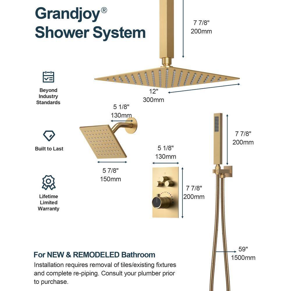 GRANDJOY Dual Wall Mount Rainfall Shower Head System Adjustable 12 inch & 6 inch Shower Faucet Set with Handheld Shower Spray Thermostatic Pressure Balance Value, Brushed Gold