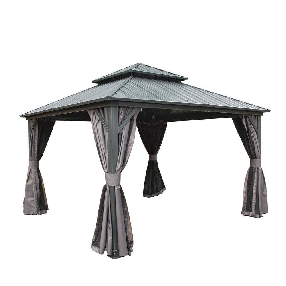 TOTAL Outdoor 10' x 12' Hardtop Gazebo, Galvanized Steel Double Roof Canopy W/Curtains and Netting, Drainage System, Sunshade for Deck, Lawns and Backyard, Gray.