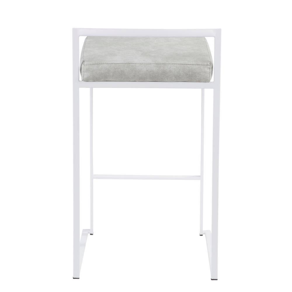 Contemporary Stackable Counter Stool In White With Light Grey Cowboy Fabric Cushion - Set Of 2