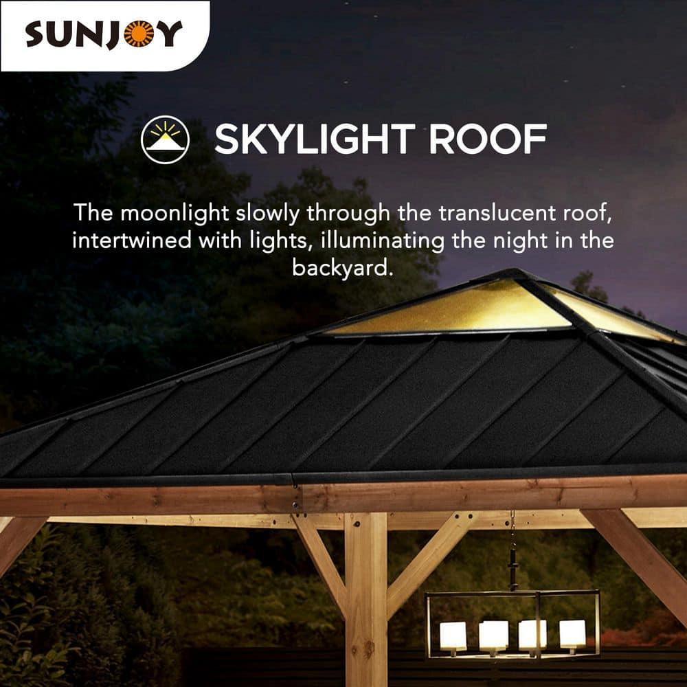 Sunjoy Paula Outdoor Patio 11 ft. x 11 ft. Cedar Framed Gazebo with Black Steel and Polycarbonate Hip Roof Hardtop