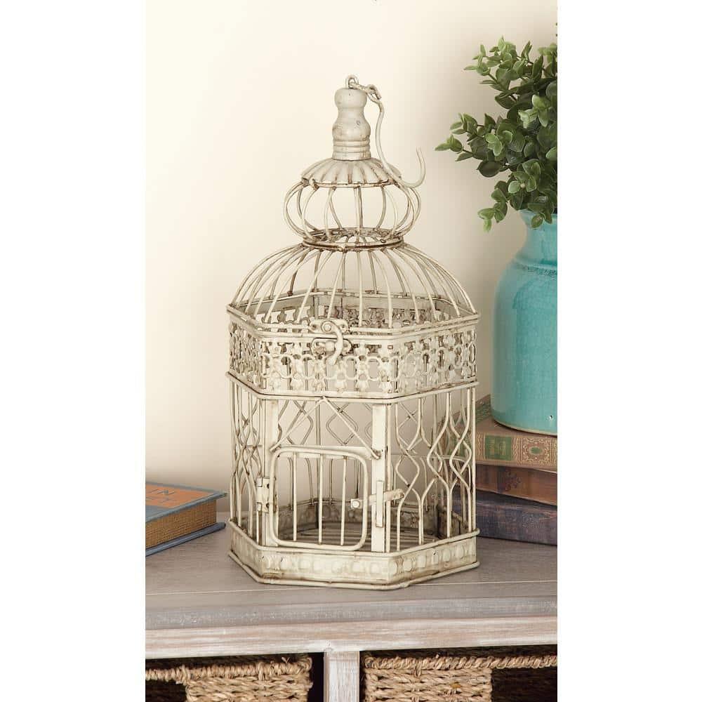 DecMode Cream Vintage Metal Birdcage with Crisscross Vertical Bars and Floral Embossed Design, Set of 2 21", 18"H
