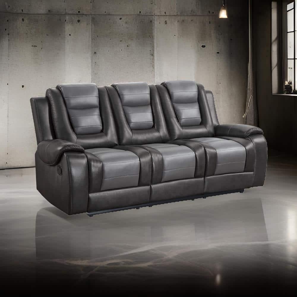 Istro 86 Inch Dual Manual Recliner Sofa, Drop Table, Gray Faux Leather