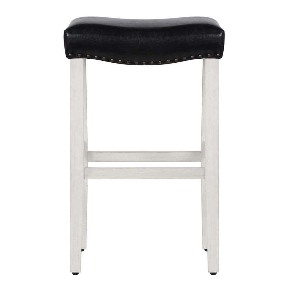 Polytrends Jameson Upholstered Polyester 29" Bar Stool - Saddle Seat/ White Legs Antique White/Black