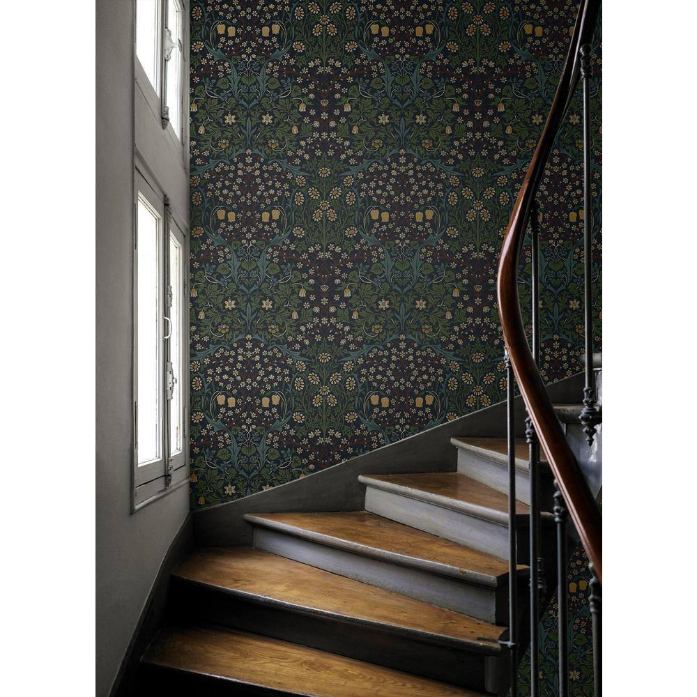 NextWall  Victorian Garden Floral Peel and Stick Wallpaper 20.9 in. W x 18 ft. L - Midnight Blue & Evergreen