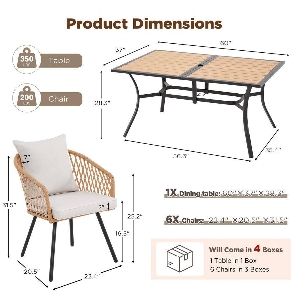 EROMMY 7 Piece Outdoor Dining Table Set, Patio Table And Chairs Set With 6 Rattan Chairs, Rectangular Table With Umbrella Hole, All-weather Patio Furniture For Backyard, Lawn, Garden