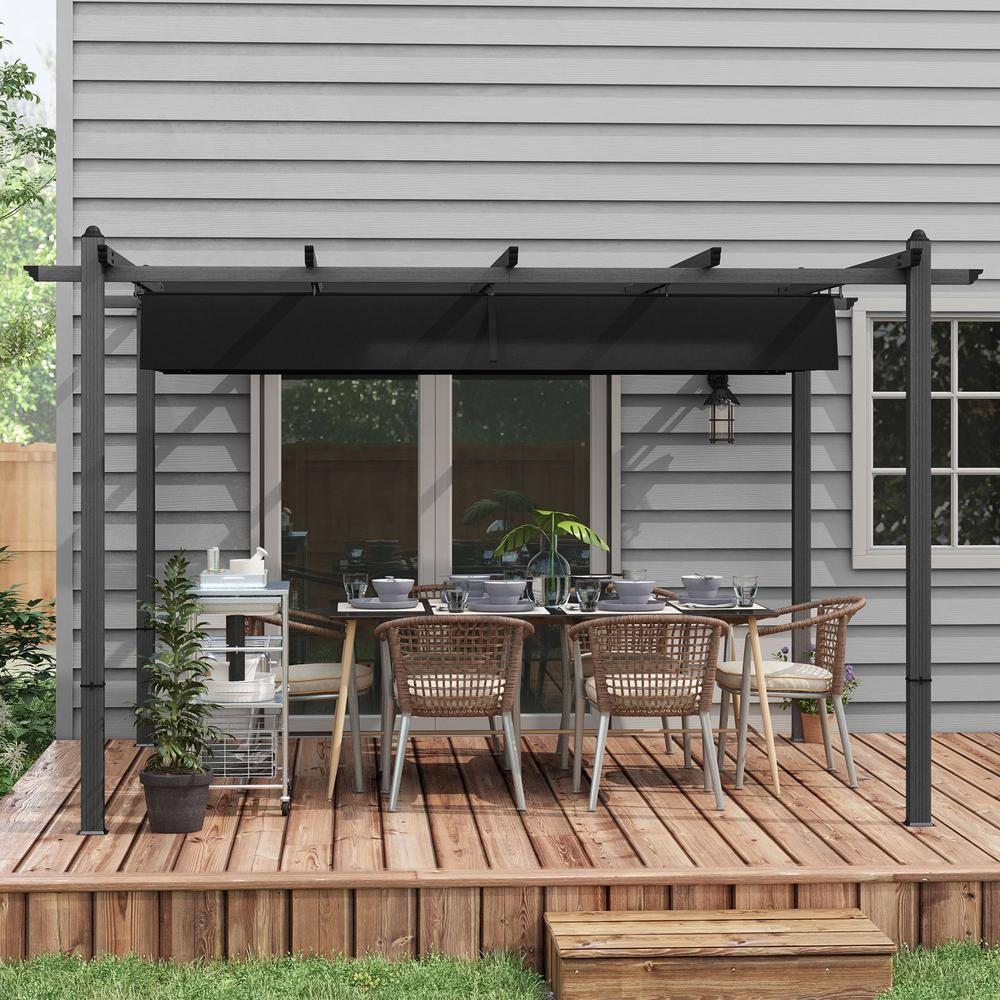 Outsunny 10' x 12' Outdoor Retractable Pergola, Heavy Duty Wood Grain Aluminum with Weather Resistant Fabric Sun Shade Canopy, Patio Shelter, Gray