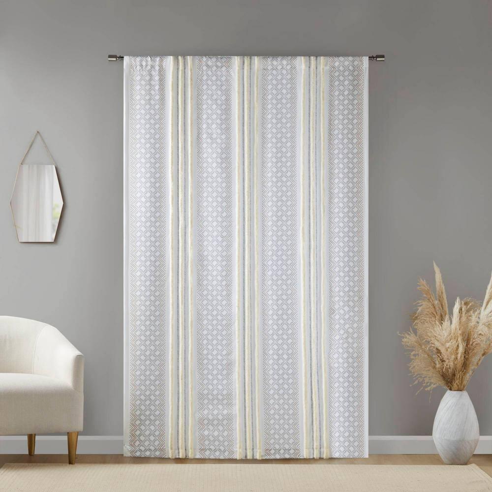 Ebby White and Taupe Geometric Velvet Polyester Window Panels