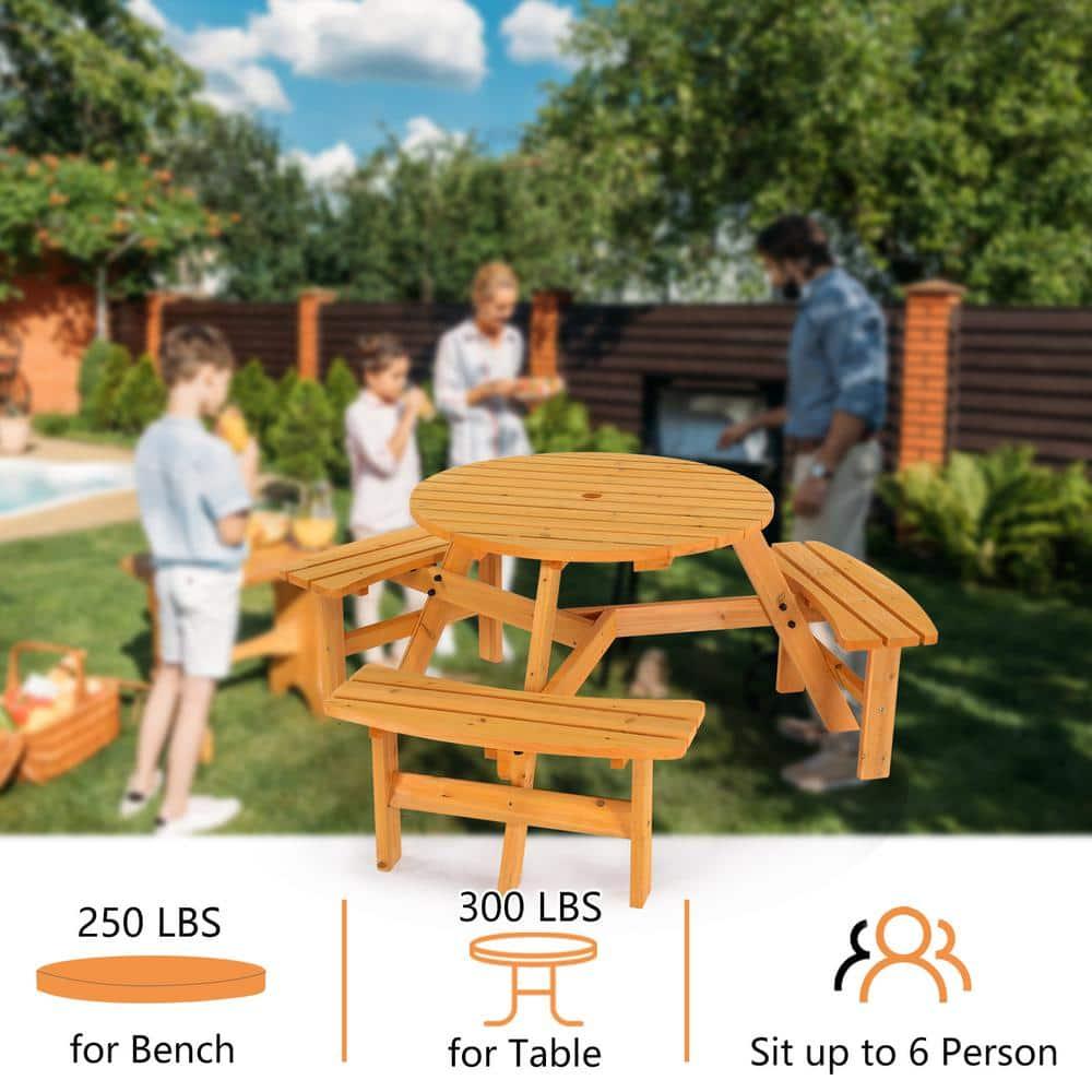 Best Choice Products 6-Person Circular Outdoor Wooden Picnic Table w/ 3 Built-In Benches, 500lb Capacity - Natural