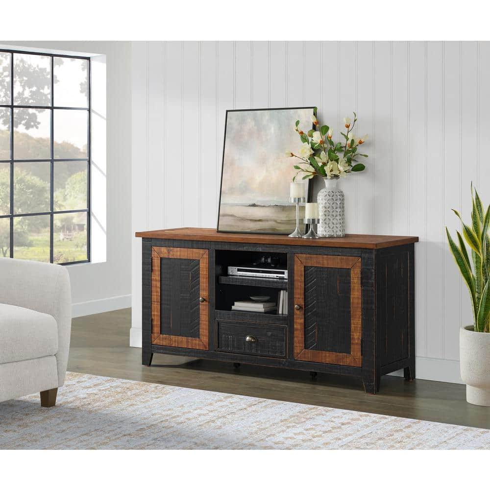 The Gray Barn  Downington Solid Wood 60-inch TV Stand Black and Honey Pine Finish, Wood Finish Adjustable Shelving Nautical & Coastal, Rustic