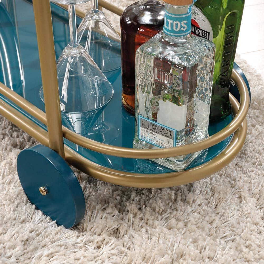 Sauder Coral Cape Metal Cart with Glass Satin Gold: 3-Tier, Safety-Tempered, Mobile