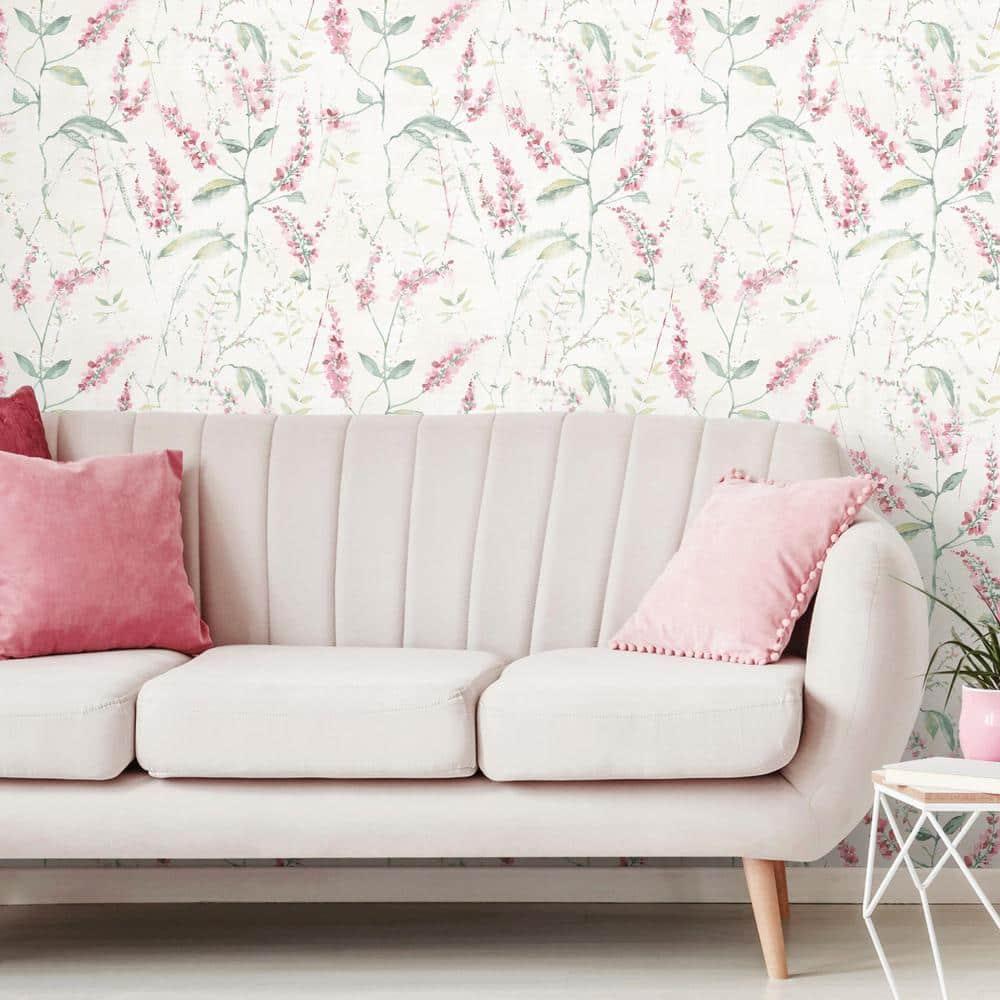 RoomMates Floral Sprig Peel and Stick Wallpaper Pink: Removable Vinyl Botanical Self-Adhesive, 28.2 Sq Ft Coverage