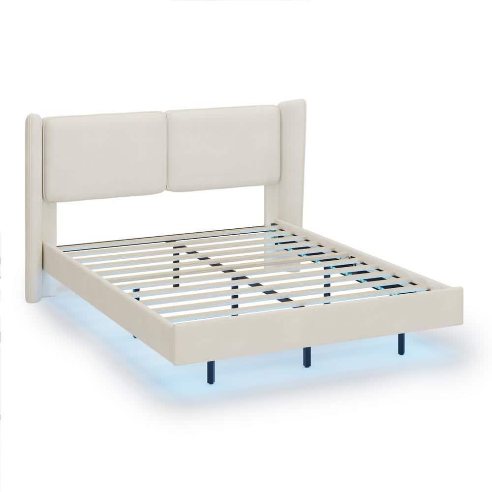 Holaki Full Size Bed Frame,Modern Style Velvet Fabric Floating Bed Frame with LED Lights Wingback Upholstered Bed No Box Springs Needed,Full Size,Beige