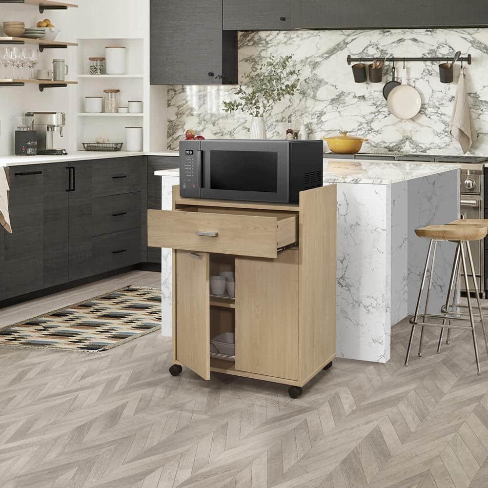 Kings Brand Furniture Northbury 2-Door Microwave Accent Kitchen Cabinet Rolling Cart (Beech)