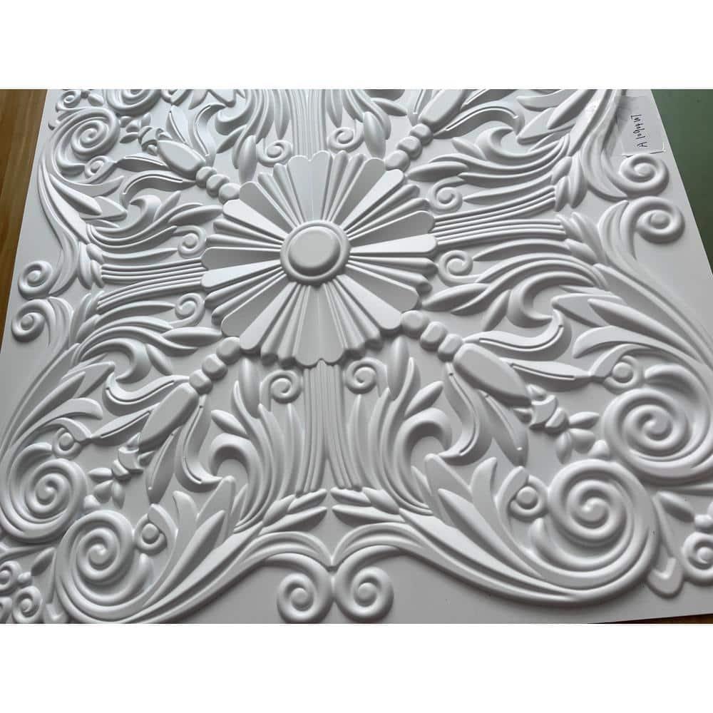 Art3d Art3d Decorative Ceiling Tile 2x2 Glue up, Lay in Ceiling Tile 24x24 Pack of 12pcs Spanish Floral in Matt White