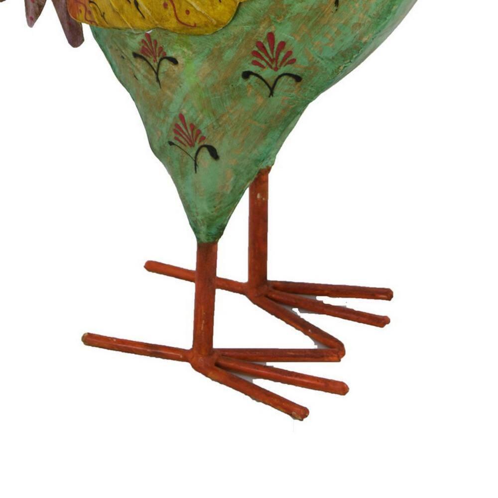 Benjara Rookie Painted Rooster, Garden Decor, Green Red Yellow Metal, 26 Inch