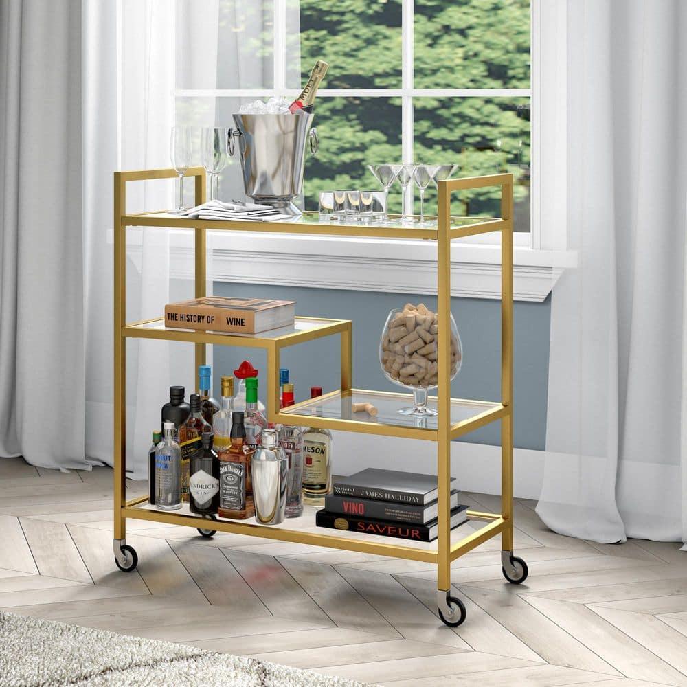 Evelyn&Zoe Lovett 33" Wide Rectangular Bar Cart with Glass Shelves, Brass
