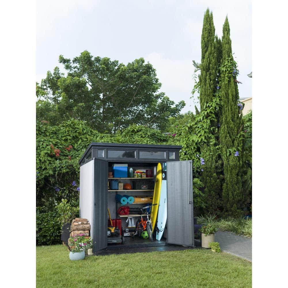 Keter Artisan 7x7 ft. Modern Durable Resin Outdoor Storage Shed With Floor and Double Doors for Garden Patio Furniture and Tools, Grey