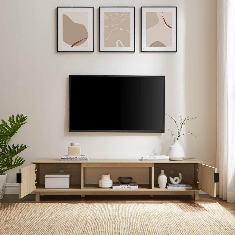 Walker Edison Mid-Century Modern Reeded 2-Door TV Stand for TVs up to 80”, Coastal Oak