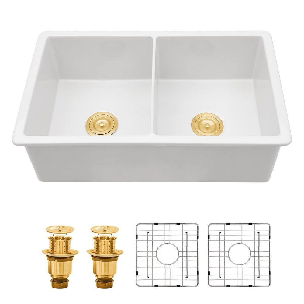 Sarlai 32'' L x 19" W White Ceramic 50/50 Double Basin Drop-In/Undermount Kitchen Sink with Sink Grids S-CSU3219-55