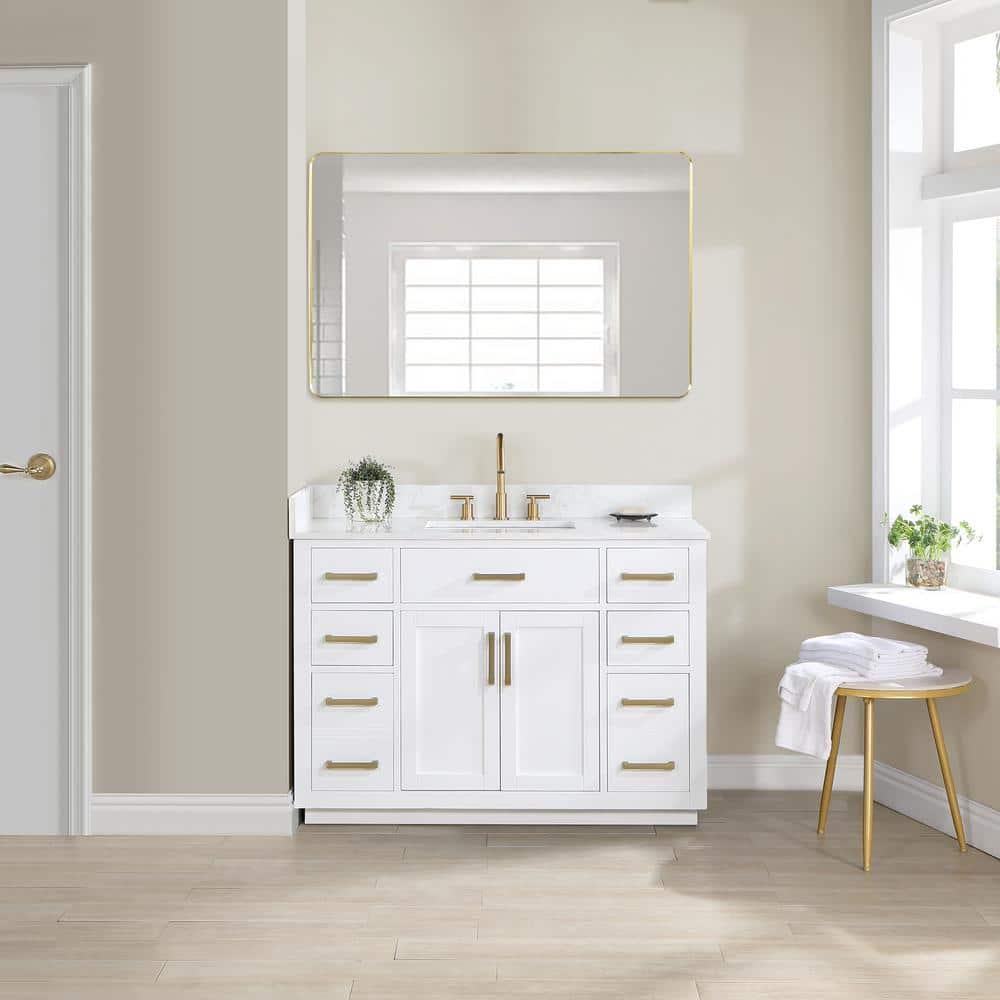 Gavino 48" Wood Vanity in White with Grain White Composite Stone Top and Mirror