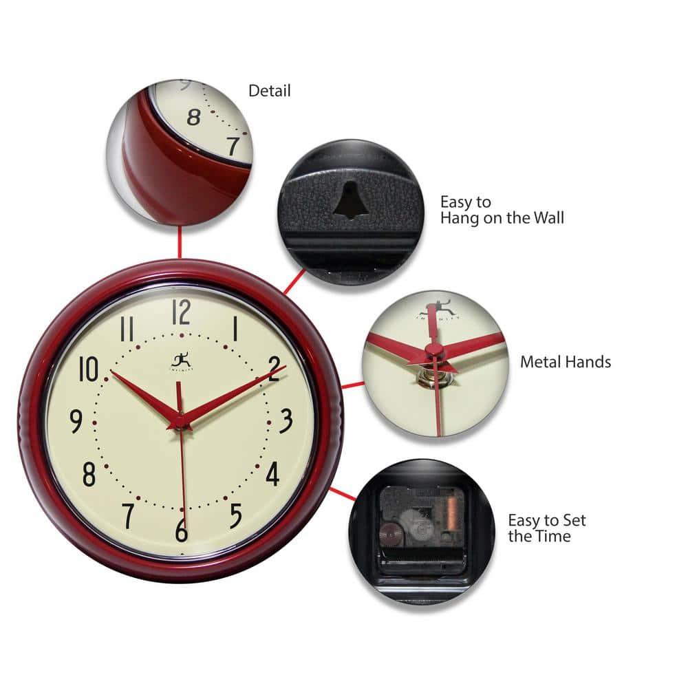 9.5" Retro Metal Wall Clock Red - Infinity Instruments: Indoor Modern Decor, Off-White Face, Round Shape