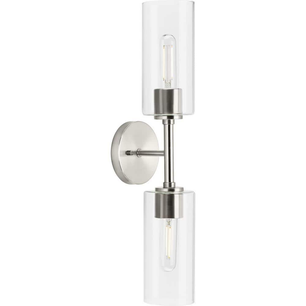 Progress Lighting Cofield 2-Light Wall Bracket, Brushed Nickel, Cylindrical Glass Shade