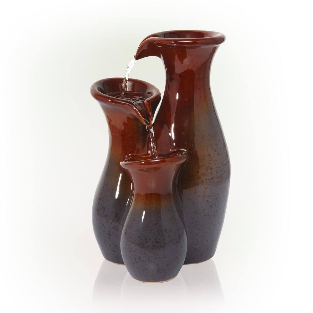 Alpine Corporation 11"H Indoor Tiered Glossy Ceramic Vase Tabletop Fountain, Brown/Gray