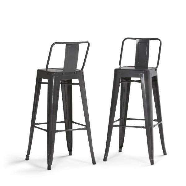 Simpli Home Rayne Metal Industrial Stool with Curved Back, Cross-Brace, and Footrest