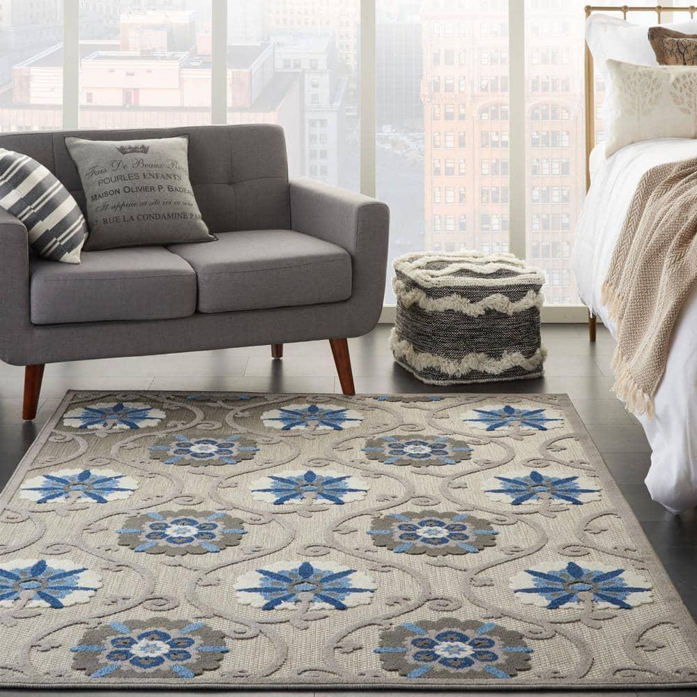 Nourison Aloha Contemporary Floral Flatweave High-Low Indoor Outdoor Area Rug Grey/Blue 3'6" x 5'6"