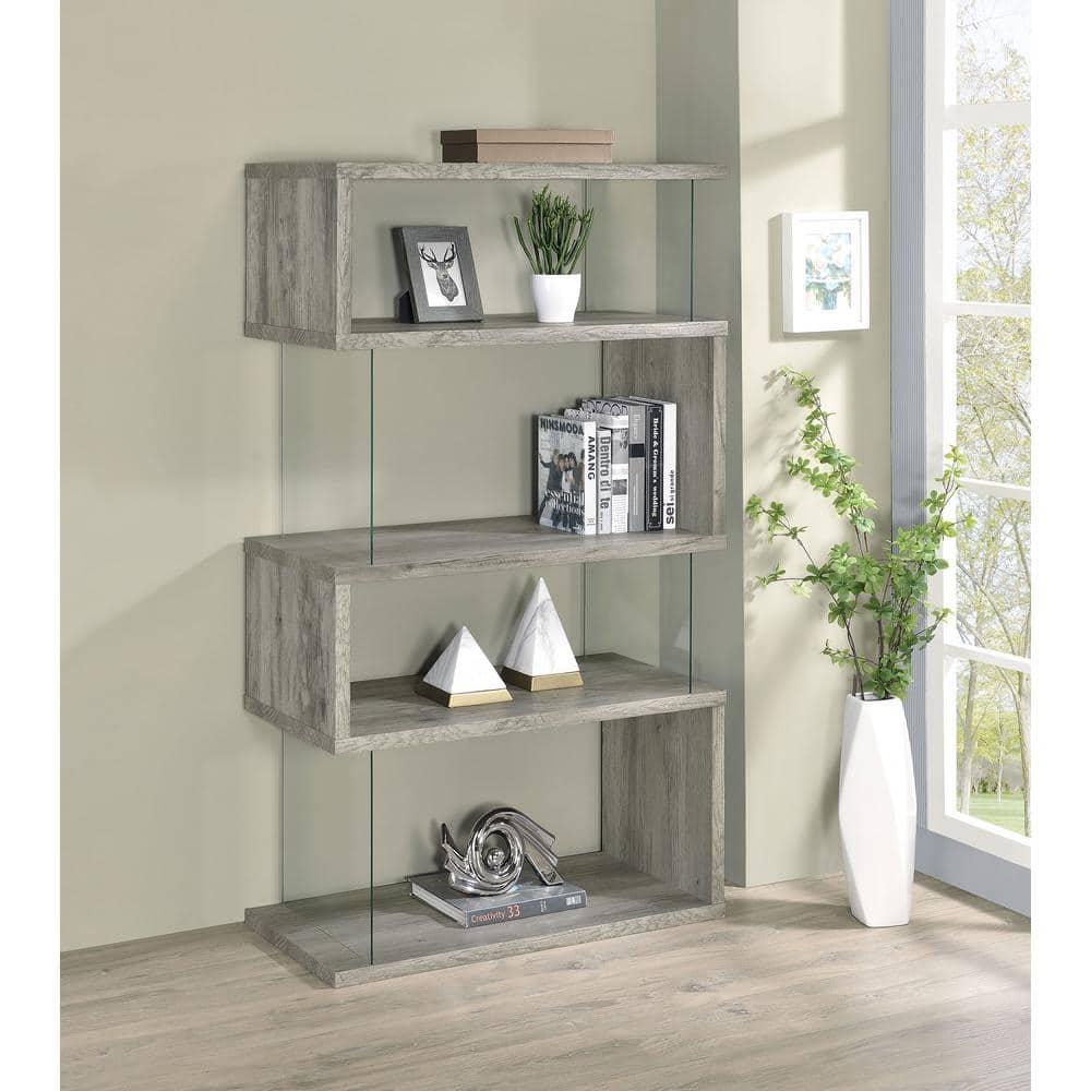 Coaster 63" Emelle 4 Shelf Zig Zag Bookcase with Glass Panels Gray Driftwood: Modern Style, Laminated Melamine Veneer, Metal Hardware