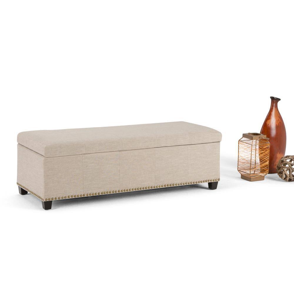 Simpli Home Kingsley 48"W Upholstered Storage Ottoman with Lift-Top Lid, Nailhead Trim, and Stitching Detail
