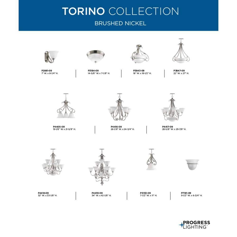 Progress Lighting Torino 3-Light Inverted Pendant, Brushed Nickel, Etched White Glass Bowl, Porcelain Material