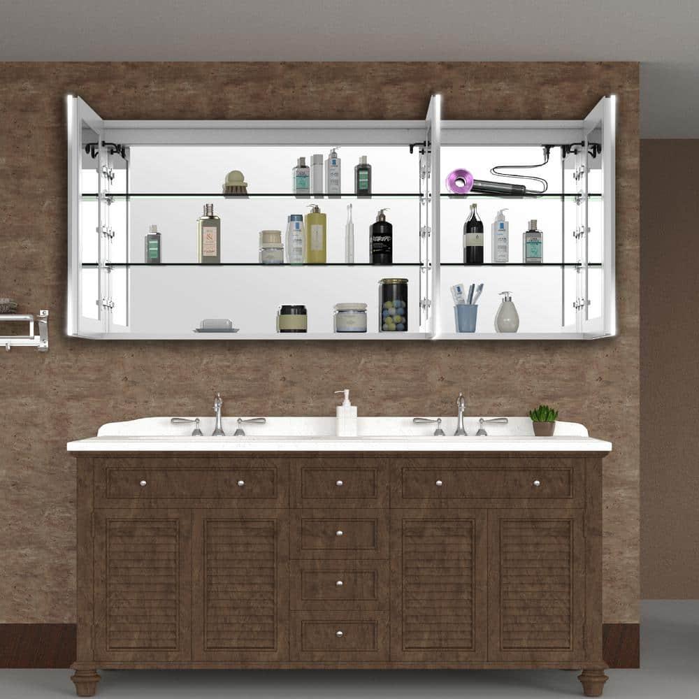 60 in. W x 36 in. H Rectangular Aluminum Big Storage Surface Mount Medicine Cabinet with Mirror in Grey and USB Outlet