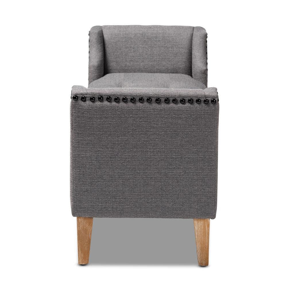 Perret Modern and Contemporary Gray Linen Fabric Upholstered Oak Brown Finished Wood Bench