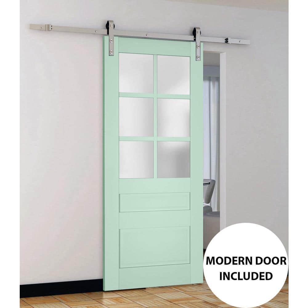 Sturdy Barn Door Frosted Glass | Veregio 7339 Oliva | 6.6FT Rail Hangers Heavy Hardware Set | Solid Panel Interior Doors-28" x 96"-Silver Rail
