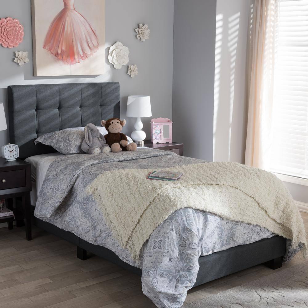 Twin Brookfield Modern and Contemporary Fabric Upholstered Bed Black - Baxton Studio: Charcoal Polyester, Grid-Tufting Design, Solid Wood Legs