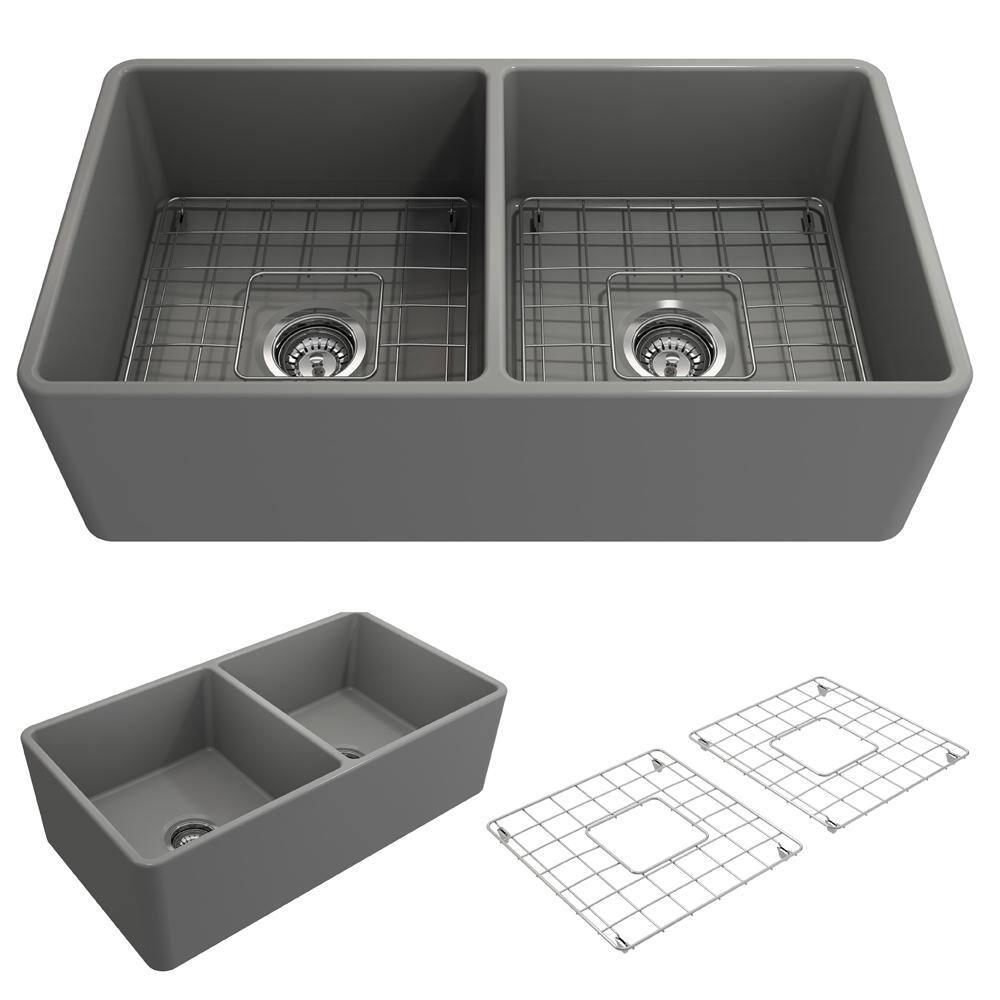 Matte Gray Fireclay Double Bowl Farmhouse Kitchen Sink