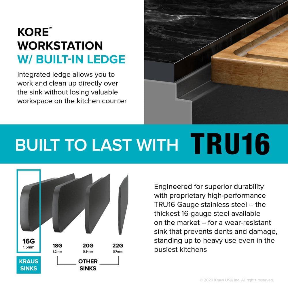 KRAUS Kore™ Workstation 33" L Farmhouse Modern Flat Apron Front 16 Gauge Black Stainless Steel Single Bowl Kitchen Sink