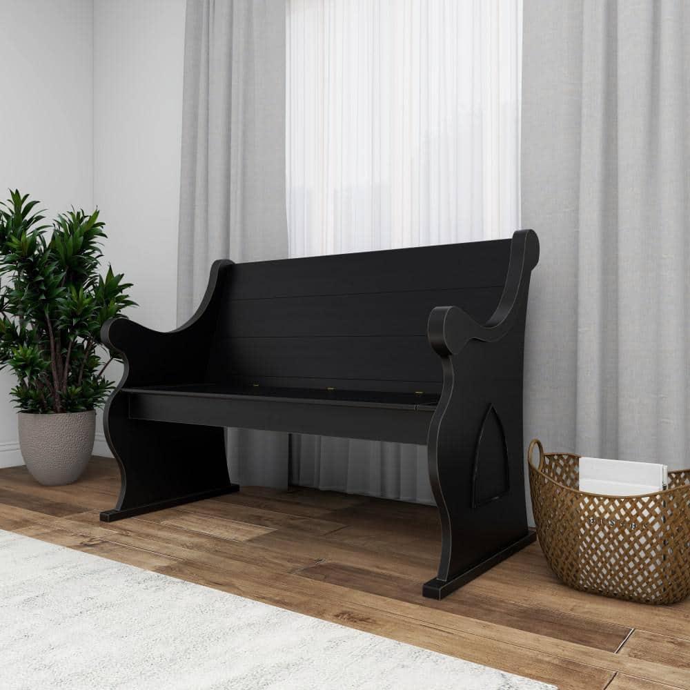 DecMode Wood Storage Bench with Scrolled Armrests, Black