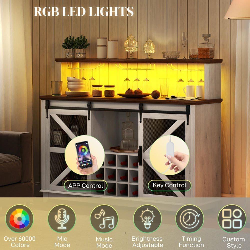 Homiyad 55" Coffee Bar Cabinet with Lights, Farmhouse Wine Cabinet with Wine and Glass Racks for Kitchen, Dining Room, White