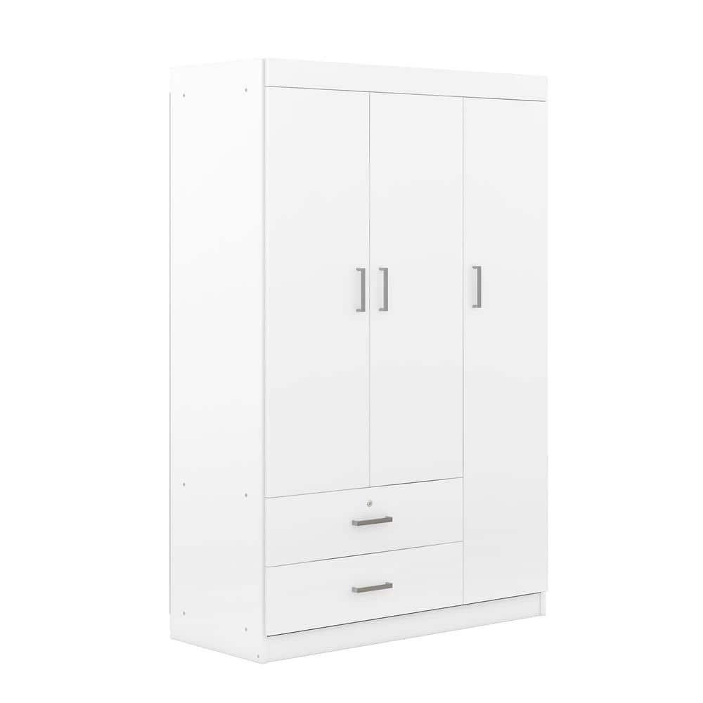 Harper & Bright Designs Large 3 Doors Wardrobe Closet with 2 Drawer and Hanging Rail, Bedroom Clothes Storage Cabinet Organizer, White