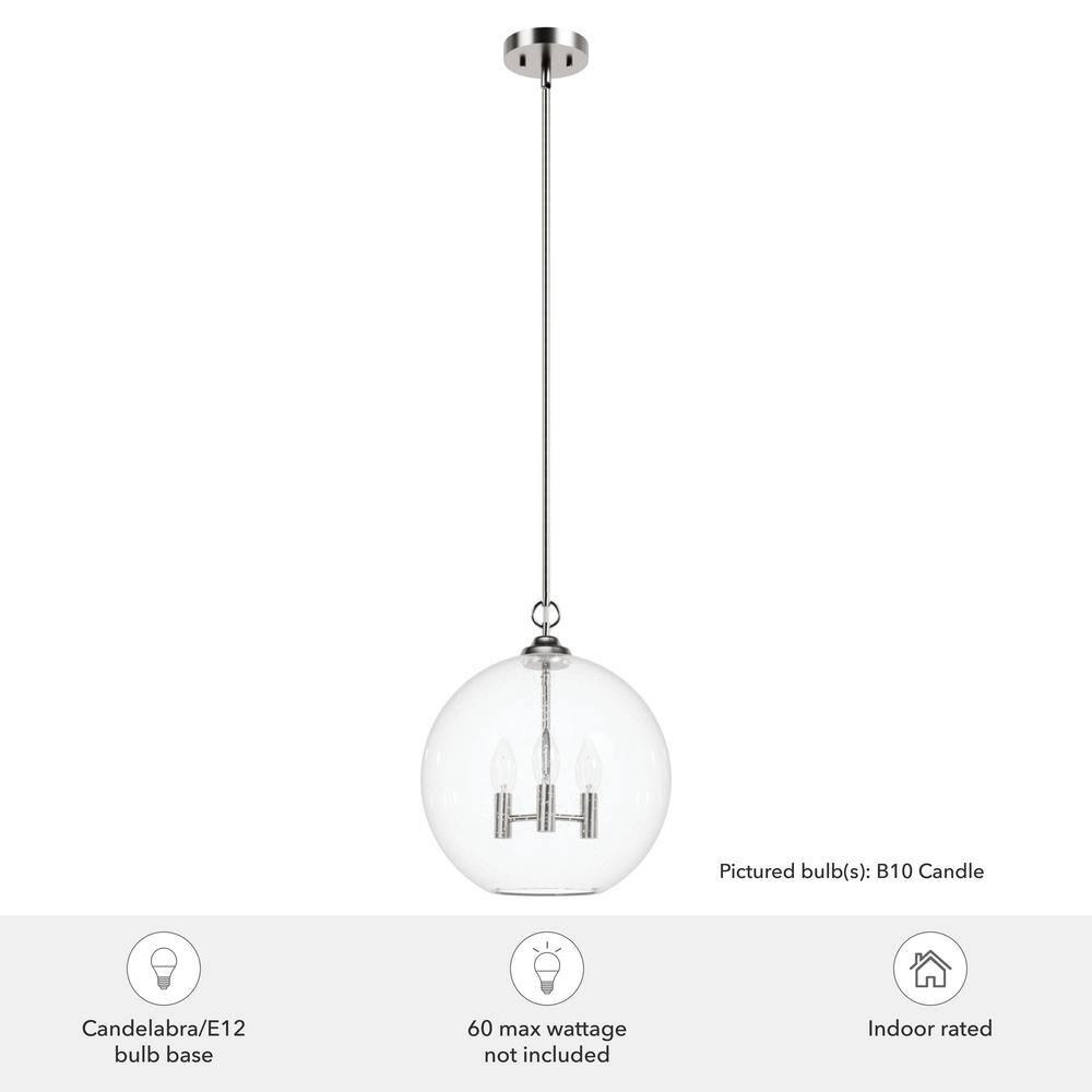 Hunter - High Oaks 3-light Brushed Nickel, Medium Size Pendant Light, Dimmable, Formal Style, Globe Shaped, for Bedrooms, Kitchens, Dining, Living Rooms - 48061