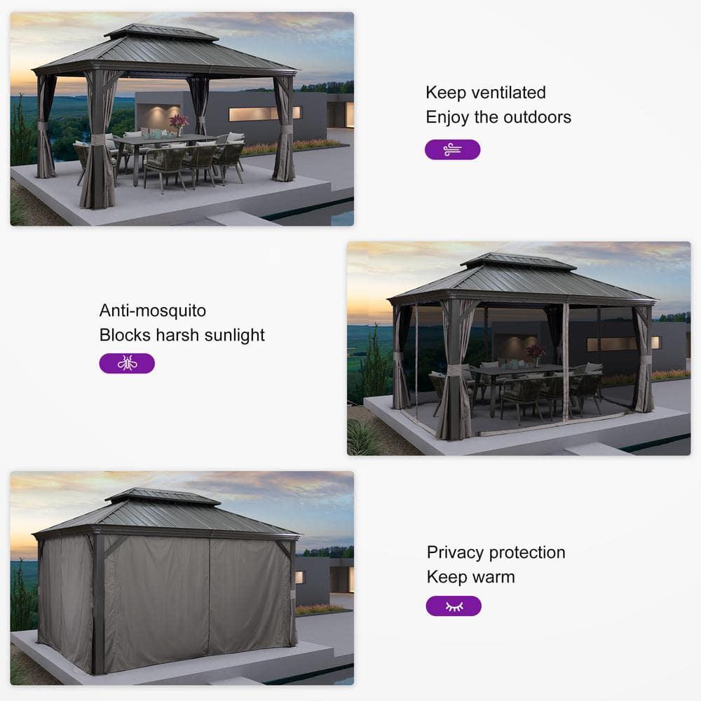 PURPLE LEAF 10' x 14' Hardtop Gazebo with String Lights Galvanized Steel Double Roof Gazebo with Aluminum Frames Outdoor Large Pavilion Gazebos for Patio Deck Garden, Light Grey