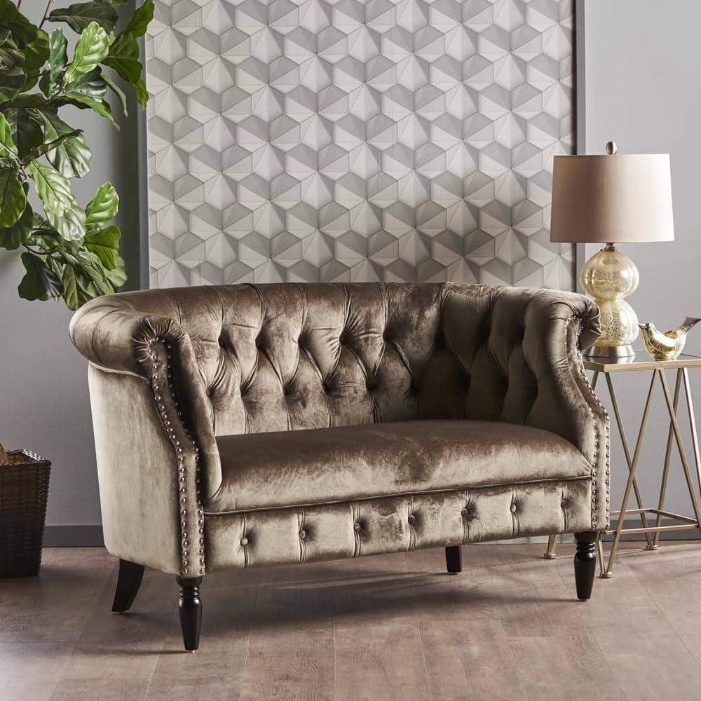 Milani 52 in. Gray/Dark Brown Velvet 2-Seat Loveseat with Nailhead Trim