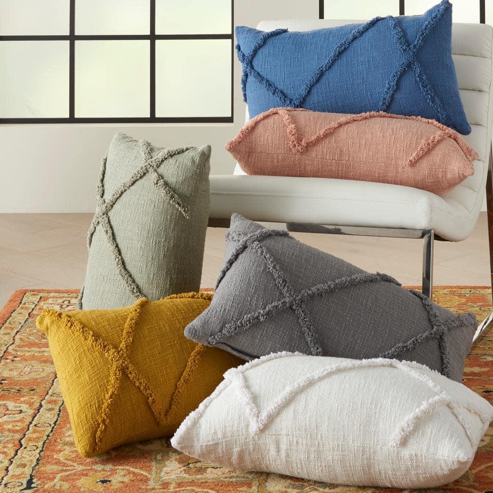 14"x24" Oversized Distressed Diamond Lumbar Throw Pillow White - Mina Victory: Cotton Fabric, Indoor Use, Zippered