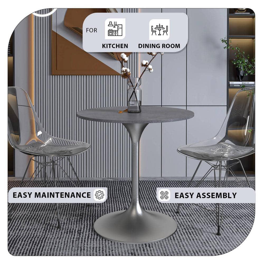 George Oliver Heatherton 27" Round Dining Table with Sintered Stone Top and Brushed Silver Stainless Steel Pedestal Base Kitchen Table Seats 2-4 Person