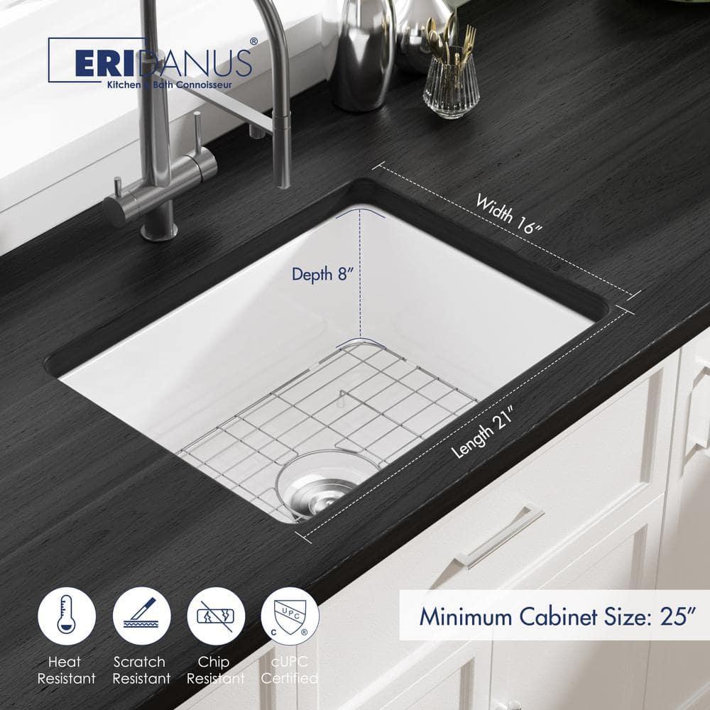 Oslo White Single Bowl Fireclay Undermount Kitchen Sink with Basket Strainer and Bottom Grid